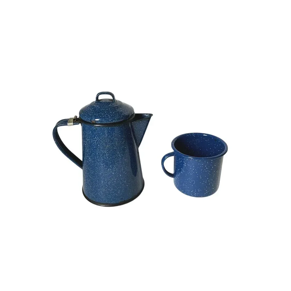 Vintage Blue Speckled Enamel Coffee Pot and Cup (Lid Clasp Attachment Missing)
